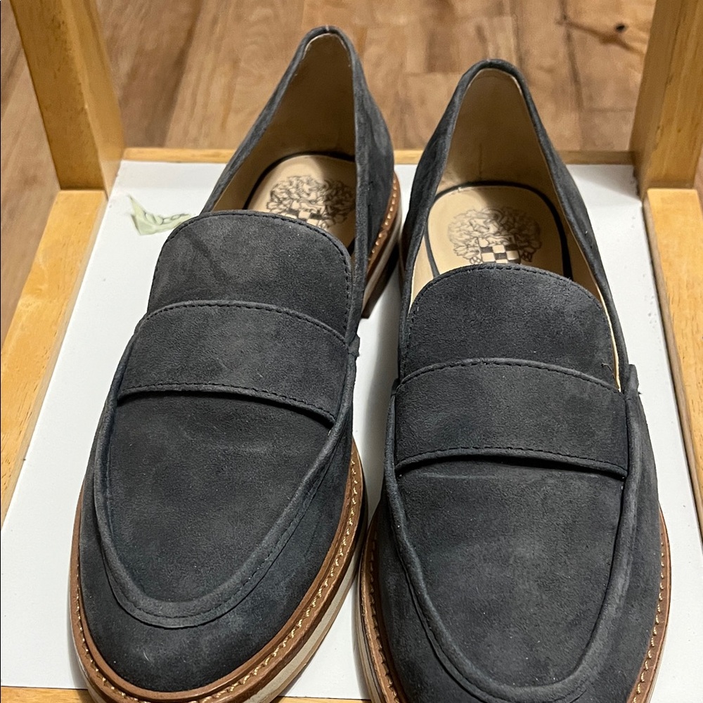 Vince Camuto Men's Charcoal Suede Penny Loafers with Contrast Welt